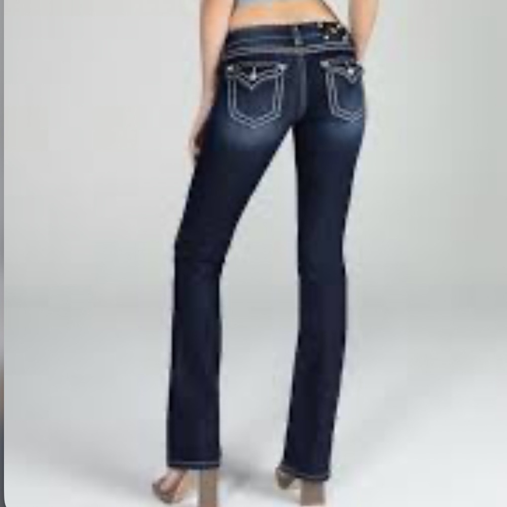Miss me Womens loose saddle stitch border boot cut jeans 26